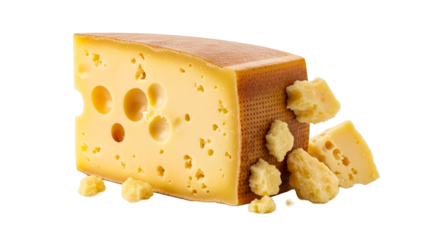 Delicious yellow cheese block with characteristic holes and crumbled pieces scattered around, perfect for food preparation, culinary recipes, and grocery store promotions
