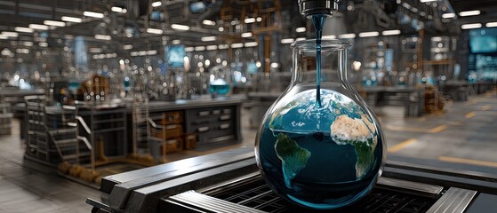 Industrial robot fills glass beaker with blue liquid containing planet earth in laboratory setting
