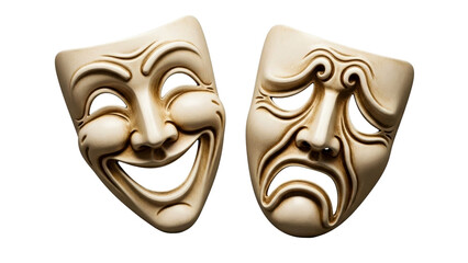 Ancient Greek theater masks representing the duality of human emotions like joy and sorrow, perfect for cultural presentations, dramatic arts concepts, or abstract expressive themes.