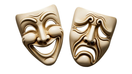 Ancient Greek theater masks representing the duality of human emotions like joy and sorrow, perfect for cultural presentations, dramatic arts concepts, or abstract expressive themes.