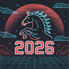 neon cyberpunk horse and 2026 numbers for futuristic lunar new year celebration