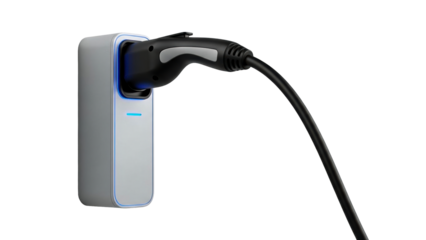 Modern electric vehicle charging station connected with a plug and cable demonstrating sustainable energy solutions for home electric car power supply infrastructure
