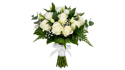 A pristine white roses bouquet featuring lush green foliage and delicate babys breath, beautifully tied with a silk ribbon, ideal for romantic gestures or significant celebratory events