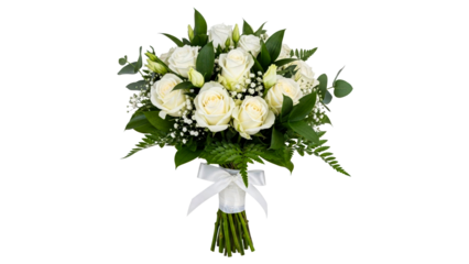 A pristine white roses bouquet featuring lush green foliage and delicate babys breath, beautifully tied with a silk ribbon, ideal for romantic gestures or significant celebratory events