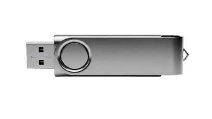 Sleek metallic USB flash drive for portable data storage and transfer, perfect for technology advertisements, electronic product catalogs, and digital communication materials