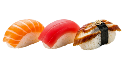 Three delicious fresh nigiri sushi pieces featuring salmon, tuna, and grilled eel with rice, perfect for culinary menus, restaurant promotions, food blogs, or healthy eating concepts