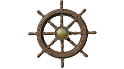An aged wooden ships wheel with a distressed finish and central brass plate symbolizing maritime adventure and navigational control for themes of exploration journey and leadership