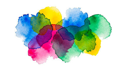 Vibrant watercolor paint splatters and overlapping colorful blotches create a dynamic abstract composition perfect for backgrounds, posters, or graphic projects