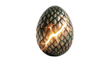 A magnificent scaled egg with a glowing crack symbolizing new beginnings and powerful potential, perfect for storytelling visuals, game assets, or mystical themed promotions.