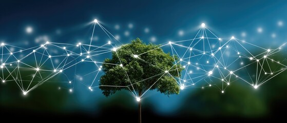 Tree grows on a digital network background with light effects showing nature and technology merge in a detailed and high-quality rendering