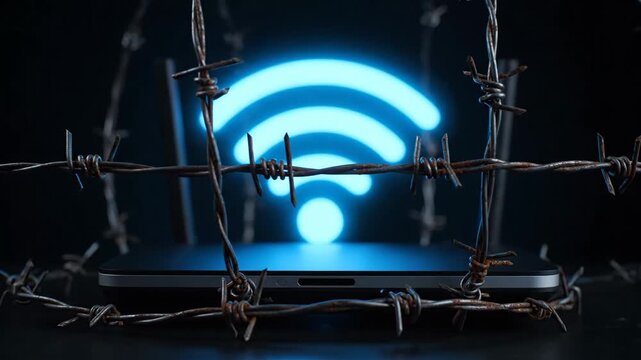 Restricted WiFi Access - A glowing blue WiFi symbol is presented behind a laptop, enclosed by rusty barbed wire. The scene evokes themes of restricted or censored internet access.