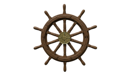 Authentic weathered wooden ships wheel featuring a detailed brass compass rose at its center, perfect for themes of navigation, control, adventure, and guiding a journey or business