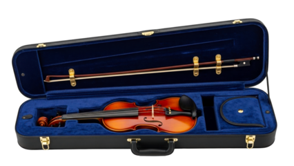 A classic wooden violin with its bow is carefully presented in an open hard shell case lined with plush blue velvet, perfect for music education and instrument promotion.