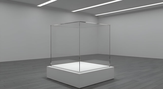 Empty glass display case in modern gallery setting. Modern, clear display case situated on a white pedestal base in a minimalist exhibition space.