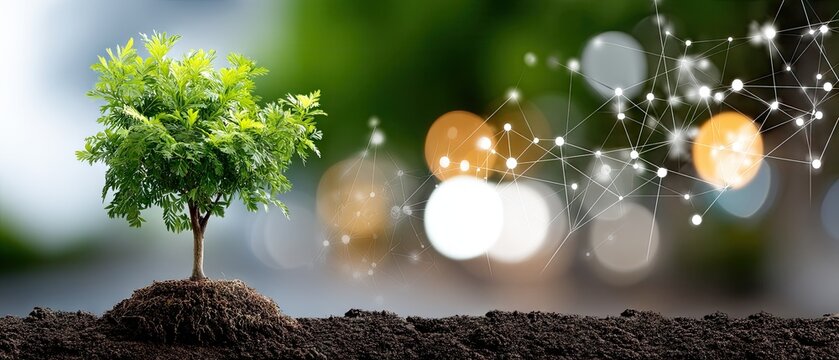 Small tree grows on soil with network connections in background showing global business and technology concepts