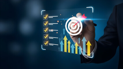 Business growth and target achievement concept with hand interacting digital interface