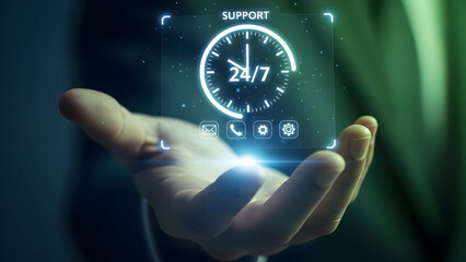 A futuristic hand held digital clock display with 24 7 support