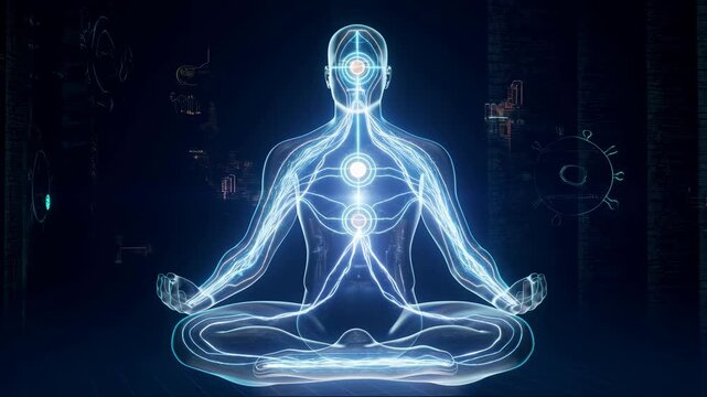 Futuristic holographic representation of a meditating human figure with glowing energy pathways. Visualization of energy flow and chakra alignment for wellness and meditation practices