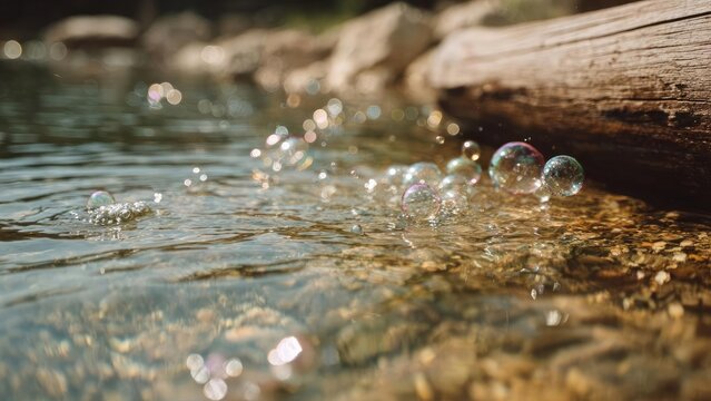 Rainbow-colored bubbles float on sunlit shallow water beside a weathered log on a pebbly shore. Concept Rainbow bubbles on sunlit shallow water, Weathered log beside a pebbly shore