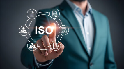 Businessman interacting with iso certification icons