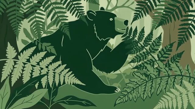 Green Forest Bear Eating Fresh Ferns Animated Illustration In Cartoon Style 2D Graphics
