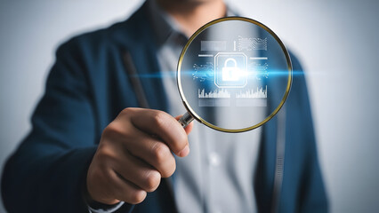 Man holding magnifying glass with futuristic digital data visualization