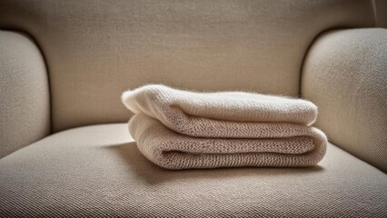 Three folded beige towels stacked on a beige upholstered chair. Concept Beige Towels, Beige Chair, Neutral Home Decor, Textured Textiles, Still Life