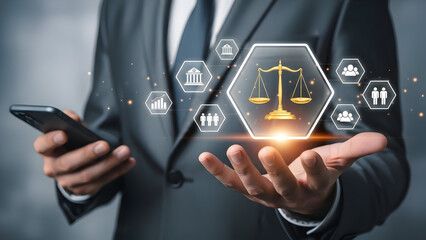 Businessman interacting with digital law and justice icons on smartphone