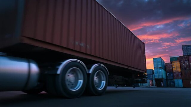 港湾で停車中のコンテナトラックと貨物輸送、物流の現場