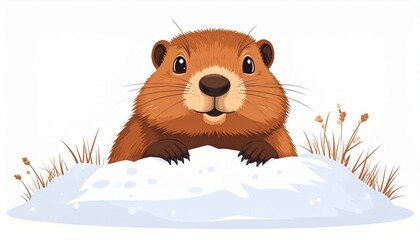 Groundhog Emerging from Snow Mound in Pixel Art Style Against White Backdrop