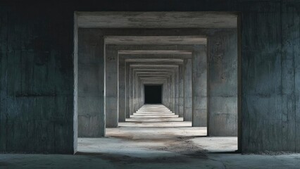 Fototapeta premium A long concrete hallway with evenly spaced rectangular frames forming a tunnel that recedes into darkness. Concept Concrete hallway architecture, Receding tunnel with geometric frames