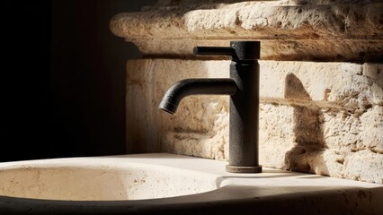 Matte black pedestal faucet over a stone sink with a rustic brick wall in the background. Concept Matte black pedestal faucet, Stone sink, Rustic brick wall, Industrial bathroom detail