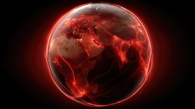 3d rendering showing planet earth with glowing red cybernetic cityscape and digital network on dark background at night - Powered by Adobe