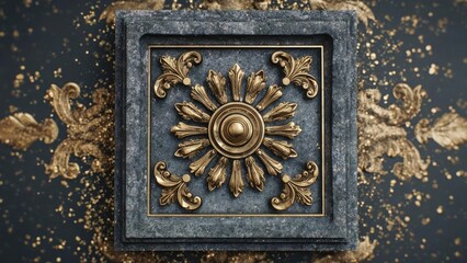 An ornate gold sunburst with leafy scrolls on a dark vault door. Concept Golden sunburst, leafy scrolls, dark vault door, ornate metalwork, Baroque contrast