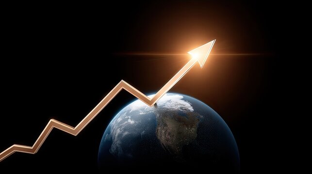 Glowing arrow graph represents growth and success above planet Earth with financial charts in a dark blue and orange setting - Powered by Adobe