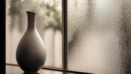 A tall, textured ceramic vase with a narrow neck sits on a windowsill beside a frosted glass window. Concept Tall textured ceramic vase, Narrow-neck vase, Windowsill still life