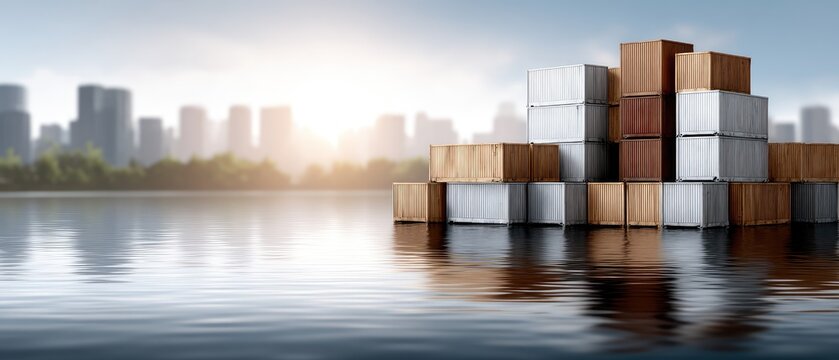 Global container cargo transportation and logistics at a dock with workers loading cargo and a city skyline in the background