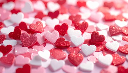 Romantic Valentine's Day Close-Up of Red, White, and Pink Heart-Shaped Confetti on Delicate Surface