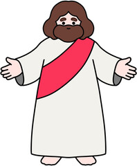 Cute Jesus Christ character illustration with warm smile and open arms, soft pastel colors, friendly religious art for kids