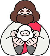 Cute Jesus Christ character illustration with warm smile and open arms, sheep, friendly religious art for kids