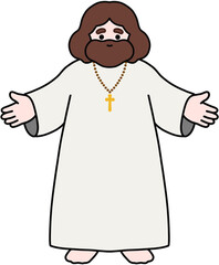 Cute Jesus Christ character illustration with warm smile and open arms, soft pastel colors, friendly religious art for kids