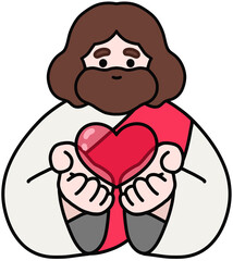 Cute Jesus Christ character illustration with warm smile and open arms, heart, friendly religious art for kids