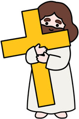 Cute Jesus Christ character illustration with warm smile and hug the cross, soft pastel colors, friendly religious art for kids