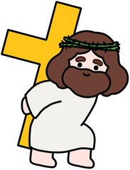 Cute Jesus Christ character illustration with warm smile and carry the cross, soft pastel colors, friendly religious art for kids