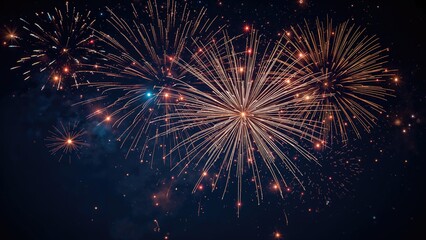 Fototapeta premium Fireworks display with bright bursts in the night sky. Celebration and festivity, event. Light effects and explosions. The concept of celebration and fireworks.