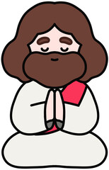 Cute Jesus Christ character illustration with warm smile and pray, soft pastel colors, friendly religious art for kids