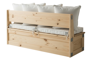 Light wooden storage bench with white cushions viewed from back isolated on transparent background