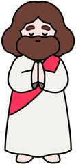 Cute Jesus Christ character illustration with warm smile and open arms, soft pastel colors, friendly religious art for kids