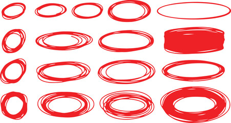 red pen hand drawn doodle marks, red circle and oval stroke set. outline clipart vector designs.eps
