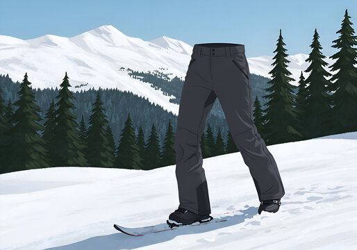 Gray snow pants on a snowboarder navigating a snowy mountain slope. Adventurous skier on a ski slope in the winter mountains.